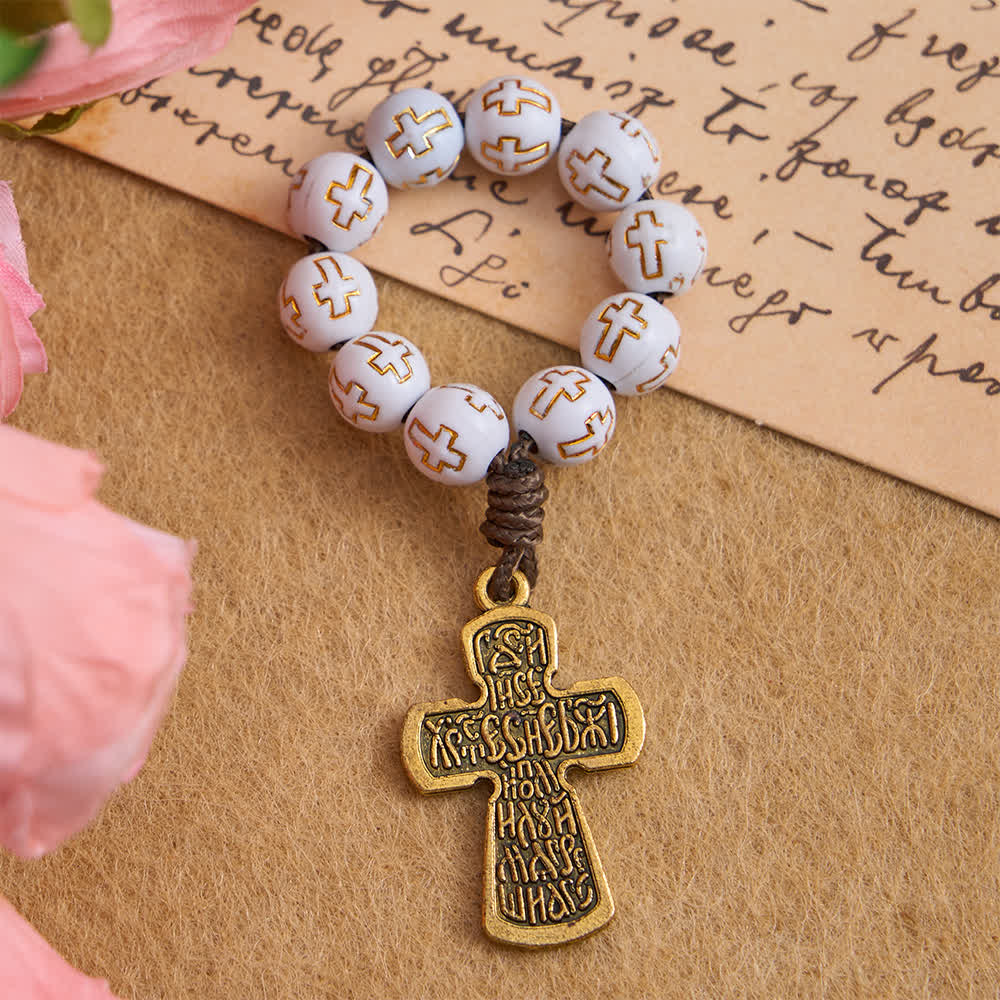 Christianartworkshop White Beads with Golden Cross Finger Rosary with Orthodox Crucifix - image 4