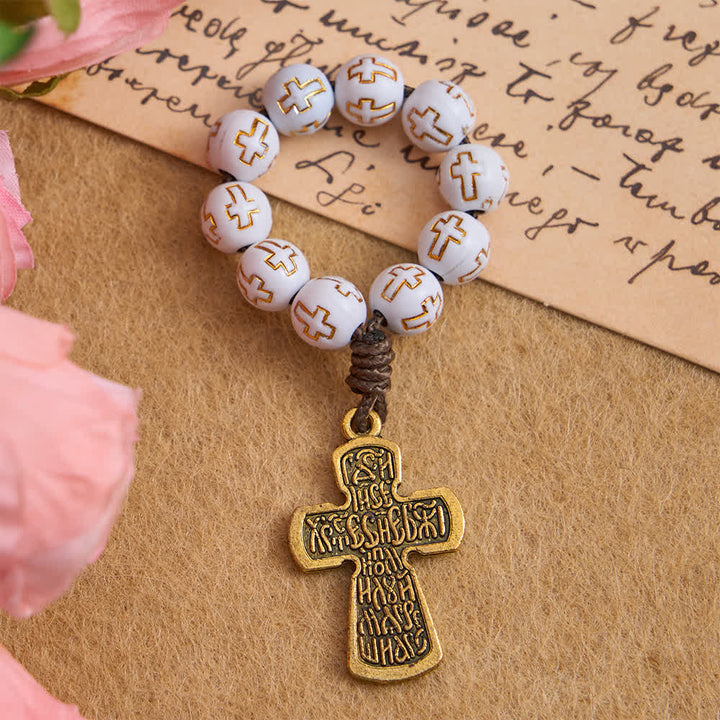 Christianartworkshop White Beads with Golden Cross Finger Rosary with Orthodox Crucifix - image 4