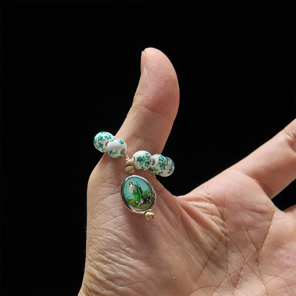 Christianartworkshop Green Floral Ceramic Finger Rosary with St. Jude Medal - image 2