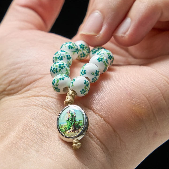 Christianartworkshop Green Floral Ceramic Finger Rosary with St. Jude Medal - image 1