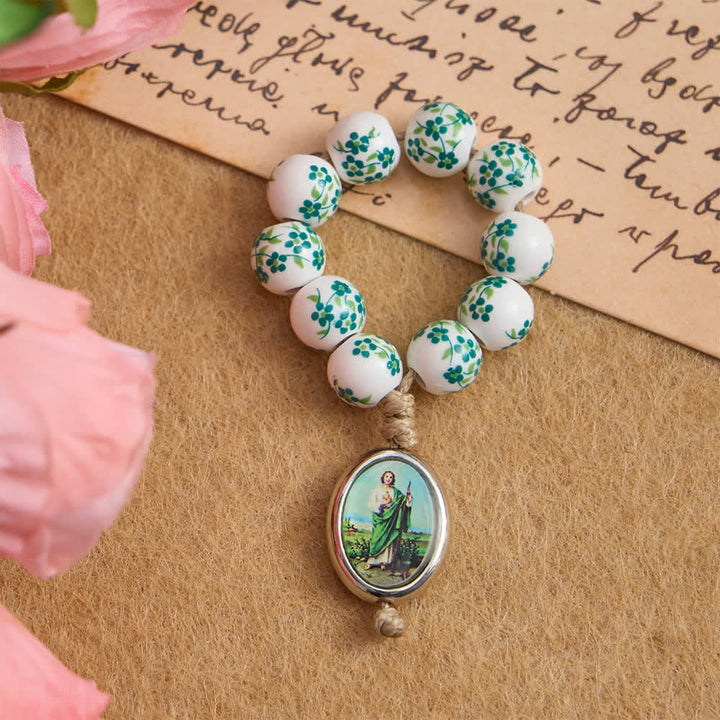 Christianartworkshop Green Floral Ceramic Finger Rosary with St. Jude Medal - 10 Pcs - image 0