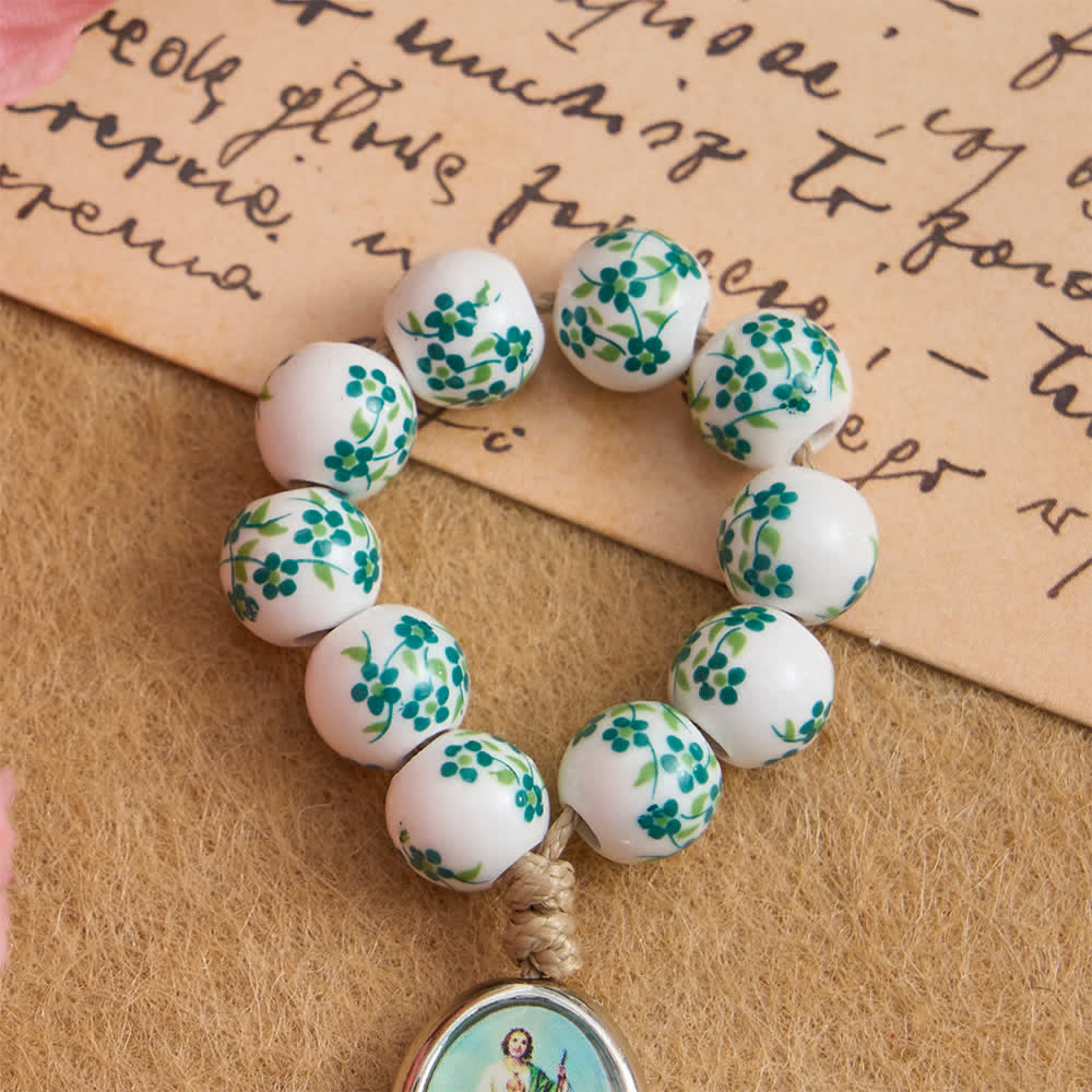 Christianartworkshop Green Floral Ceramic Finger Rosary with St. Jude Medal - image 4