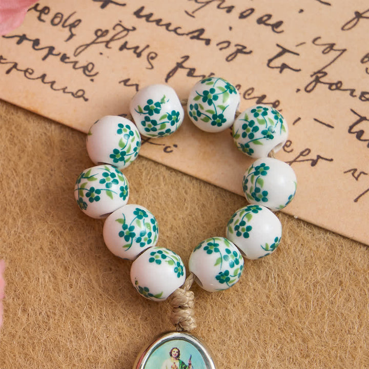 Christianartworkshop Green Floral Ceramic Finger Rosary with St. Jude Medal - image 4