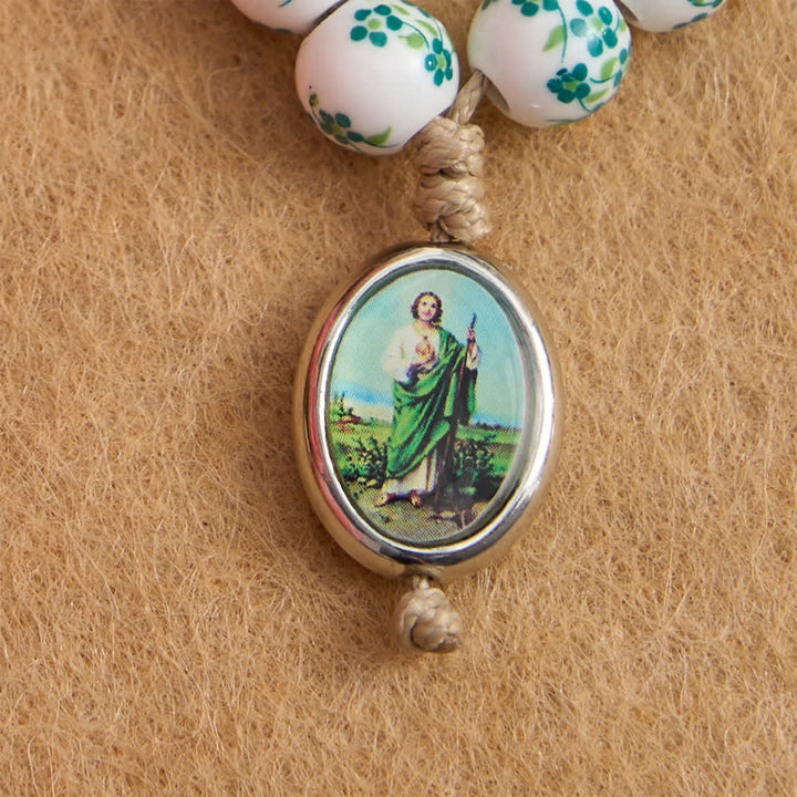 Christianartworkshop Green Floral Ceramic Finger Rosary with St. Jude Medal - image 5