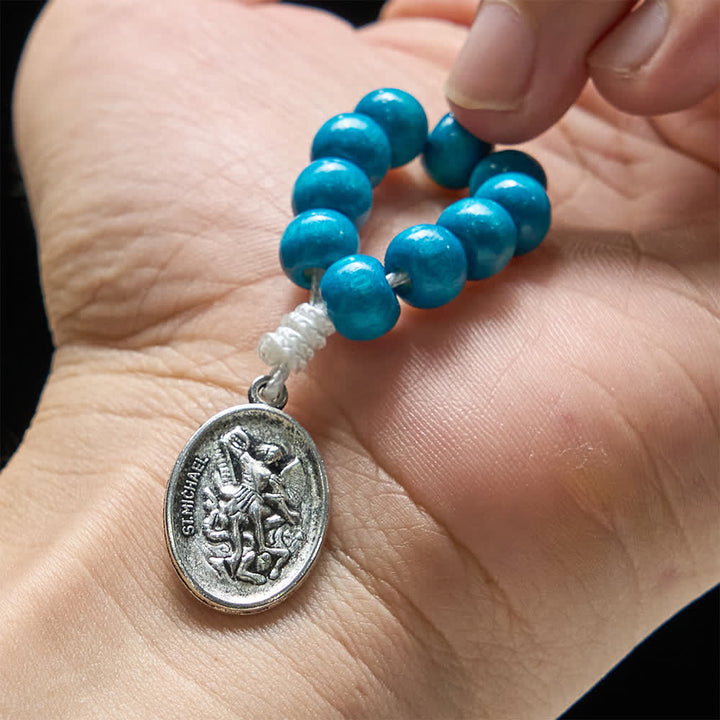 Christianartworkshop Blue Dyed Maple Wood Finger Rosary with St. Michael Protection  - image 1