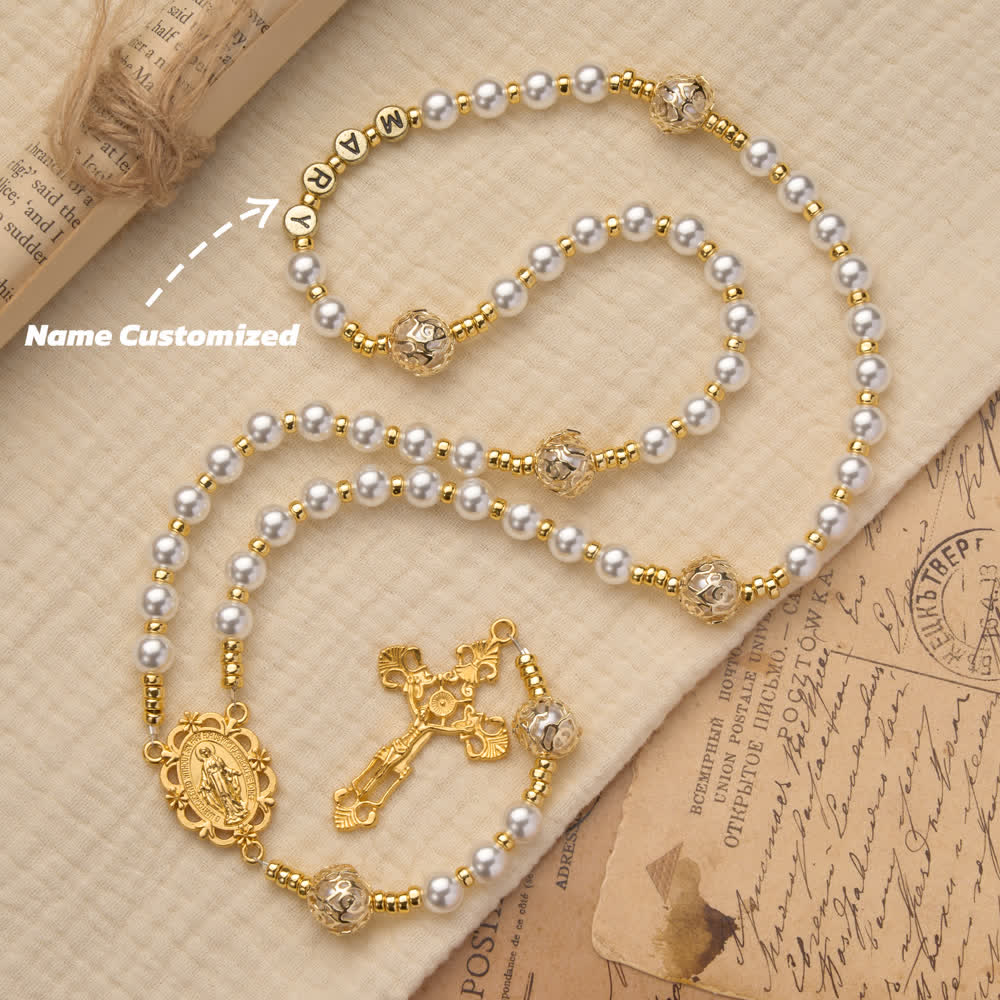 Christianartworkshop Elegant White Virgin Mary Rosary with Custom Name Letters - Name Customized(All in capitals) - image 2