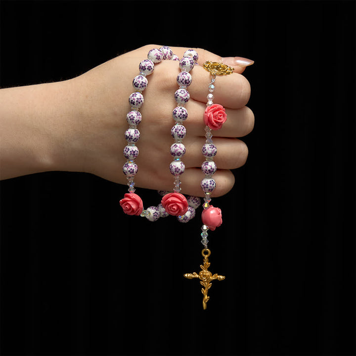 Christianartworkshop Spring Grace Purple Floral Rosary with Pink Rose and Cross - image 1