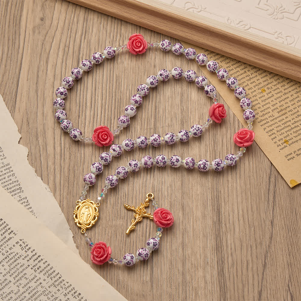 Christianartworkshop Spring Grace Purple Floral Rosary with Pink Rose and Cross - image 5