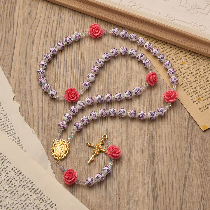 Christianartworkshop Spring Grace Purple Floral Rosary with Pink Rose and Cross - image 5