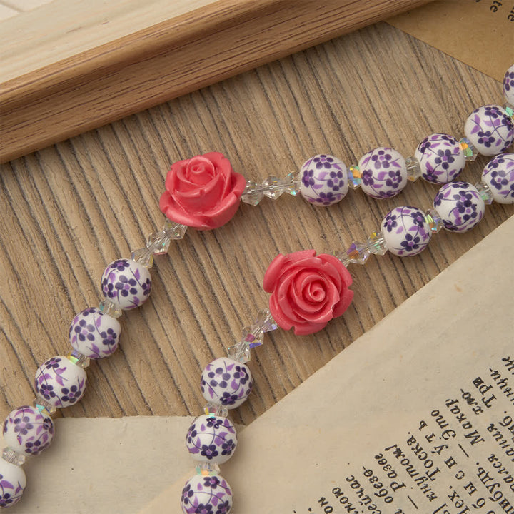 Christianartworkshop Spring Grace Purple Floral Rosary with Pink Rose and Cross - image 6