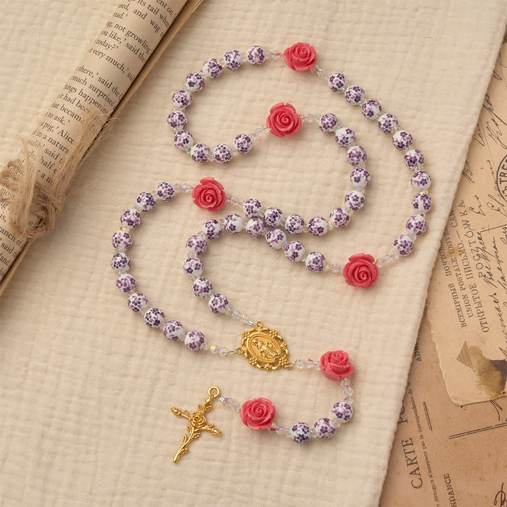 Christianartworkshop Spring Grace Purple Floral Rosary with Pink Rose and Cross - Our Lady & Cross - image 0