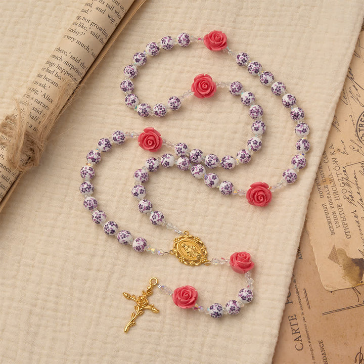 Christianartworkshop Spring Grace Purple Floral Rosary with Pink Rose and Cross - Our Lady & Cross - image 0