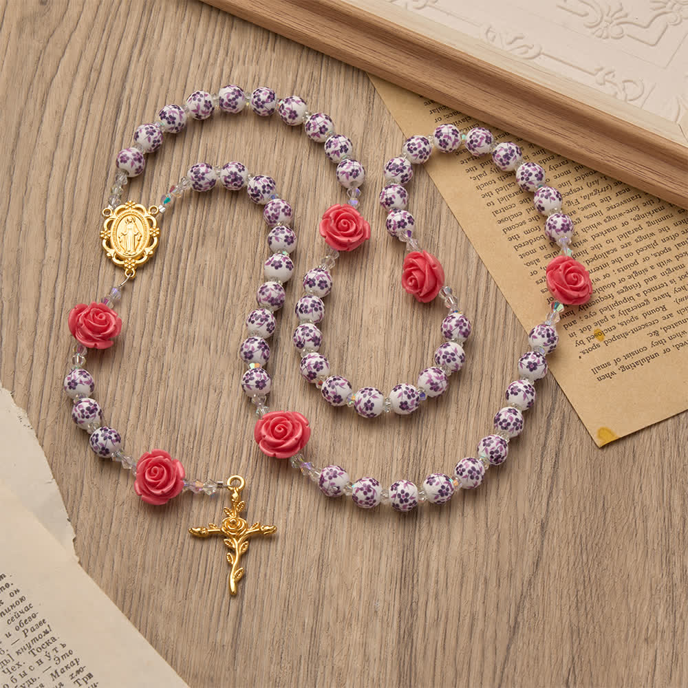 Christianartworkshop Spring Grace Purple Floral Rosary with Pink Rose and Cross - image 4
