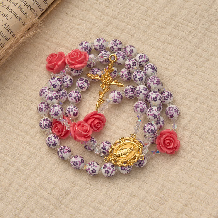 Christianartworkshop Spring Grace Purple Floral Rosary with Pink Rose and Cross - image 3