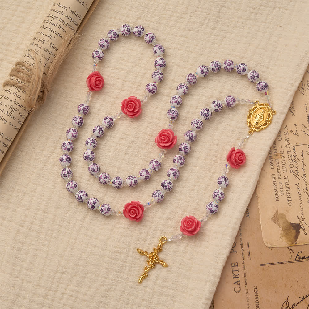 Christianartworkshop Spring Grace Purple Floral Rosary with Pink Rose and Cross - image 2