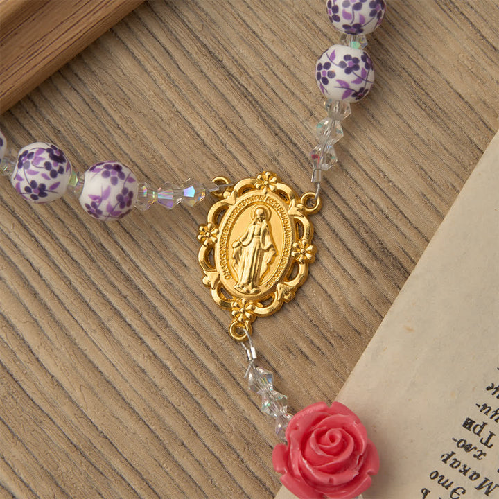 Christianartworkshop Spring Grace Purple Floral Rosary with Pink Rose and Cross - image 7