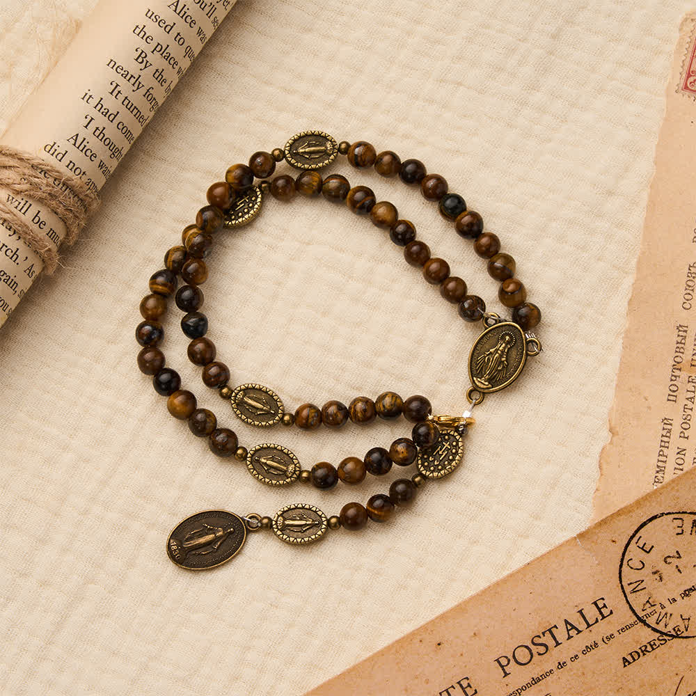 Christianartworkshop Vintage Bronze & Tiger Eye Rosary Bracelet with Miraculous Medal - Wrist Circumference: 5.91"-9.84"/15-25cm - image 0