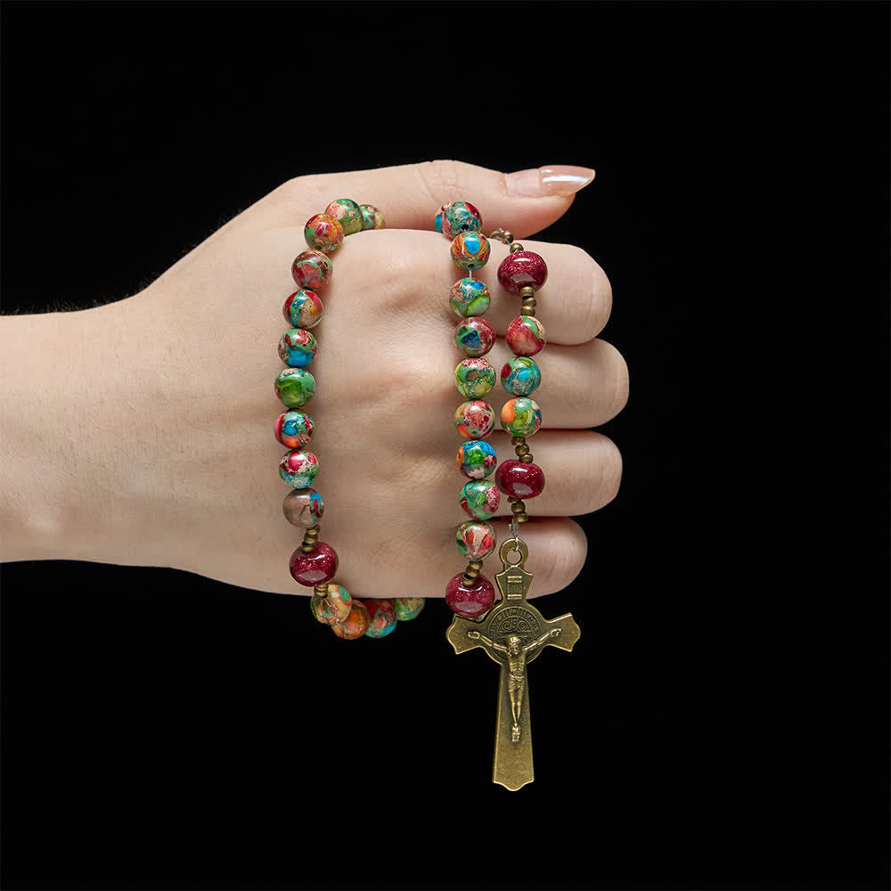 Christianartworkshop Vintage Colorful Emperors Stone Rosary with Our Lady Medal & Antique Cross - image 1
