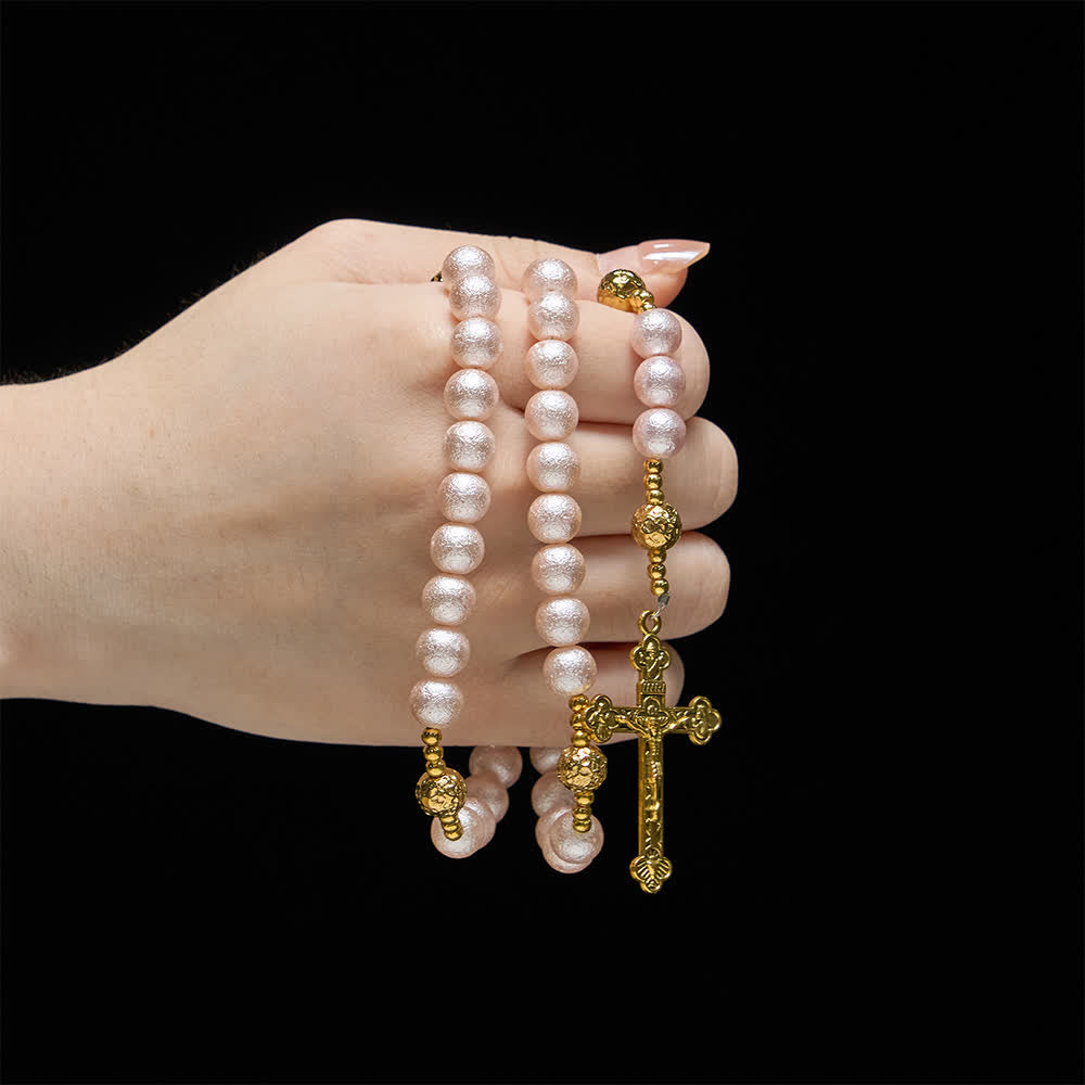 Christianartworkshop Vintage Wrinkle Pink & Golden Rosary with St. Benedict Medal - image 1