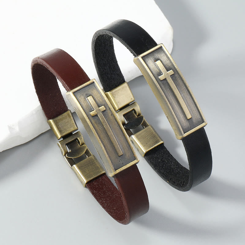 Christianartworkshop Vintage Leather Cross Bracelet with Antique Metal Plaque: A Symbol of Rugged Faith - image 0