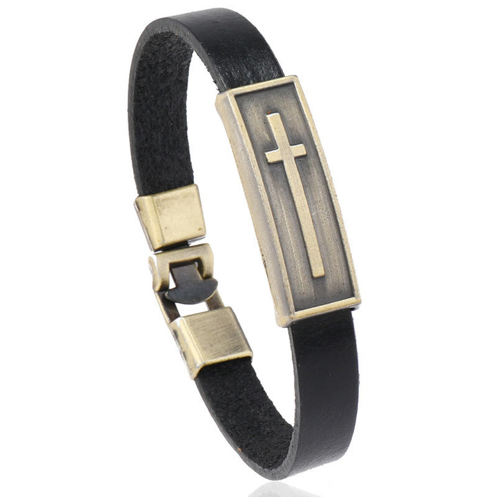 FREE Today: Vintage Leather Cross Bracelet with Antique Metal Plaque: A Symbol of Rugged Faith - Black - image 3