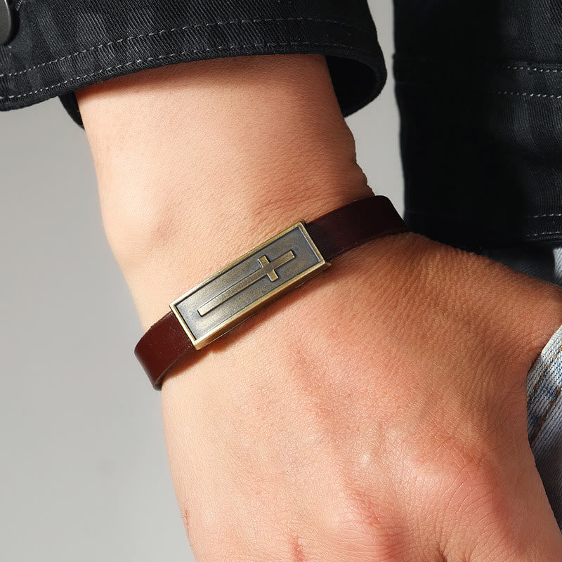 FREE Today: Vintage Leather Cross Bracelet with Antique Metal Plaque: A Symbol of Rugged Faith - image 1