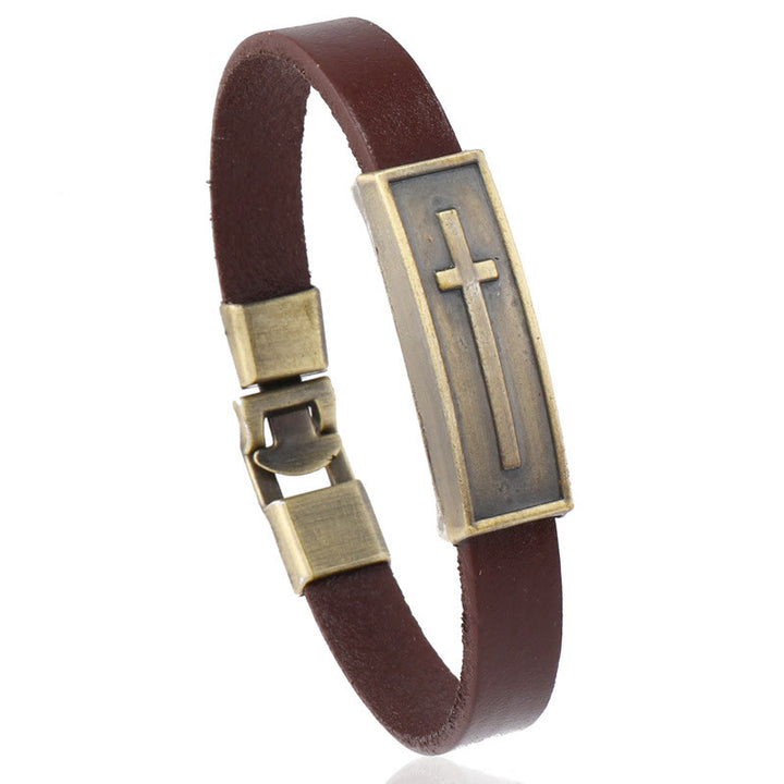 FREE Today: Vintage Leather Cross Bracelet with Antique Metal Plaque: A Symbol of Rugged Faith - Brown - image 4