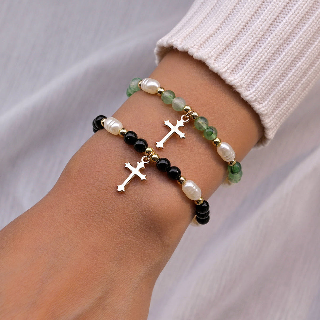Christianartworkshop Stackable Beaded Cross Bracelet Duo: An Emblem of Steadfast Belief and Versatile Beauty - Green & Black - image 0