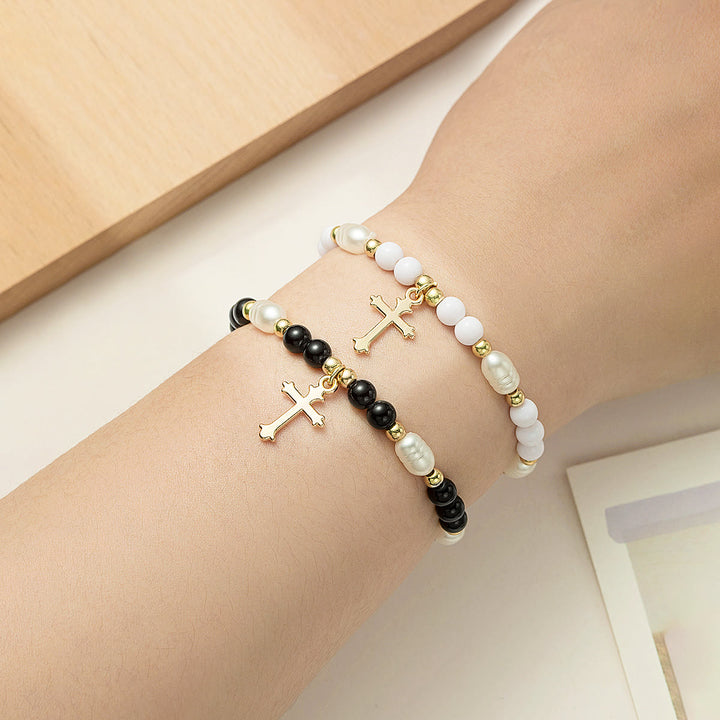 Christianartworkshop Stackable Beaded Cross Bracelet Duo: An Emblem of Steadfast Belief and Versatile Beauty - White & Black - image 6