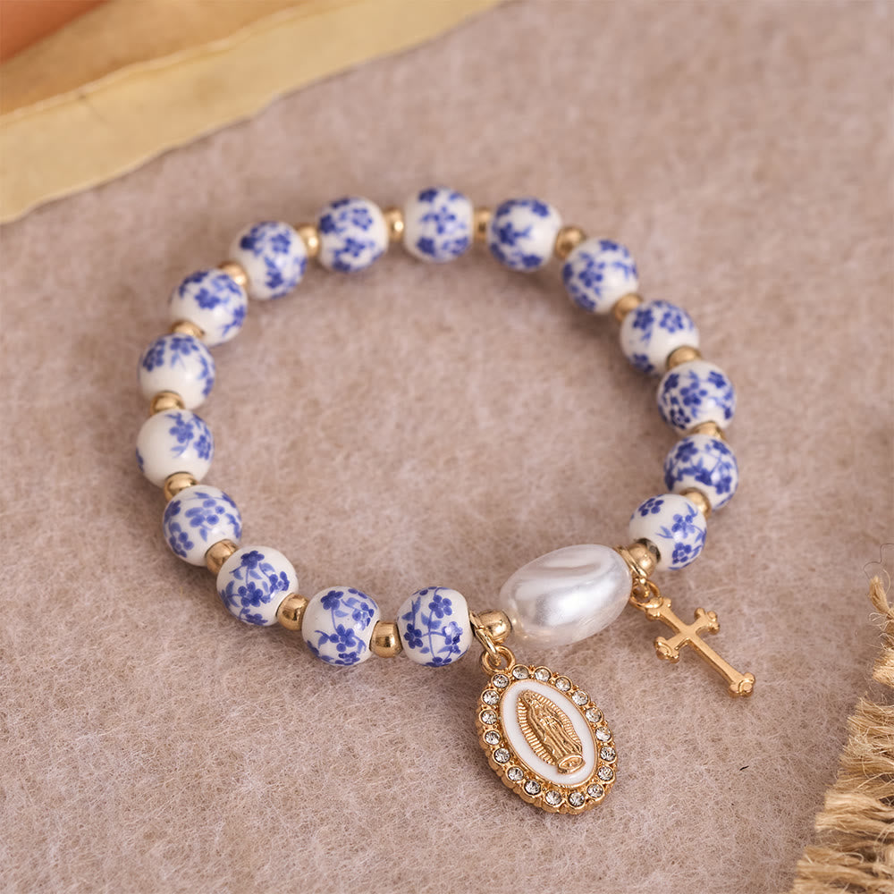 Christianartworkshop Blue/Pink Floral Ceramic Bead Bracelet with Large White Accent Bead: A Reminder of Divine Grace - Pink - image 5