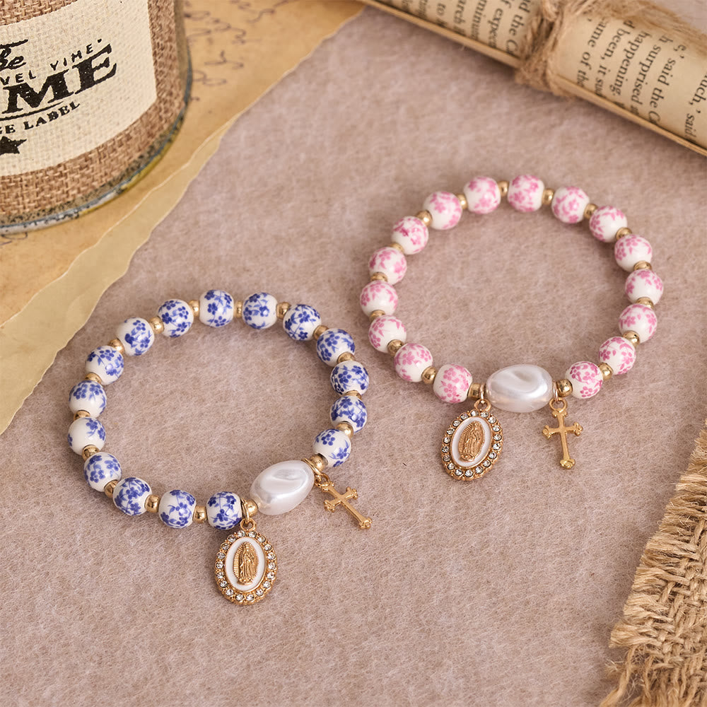 Christianartworkshop Blue/Pink Floral Ceramic Bead Bracelet with Large White Accent Bead: A Reminder of Divine Grace - image 1