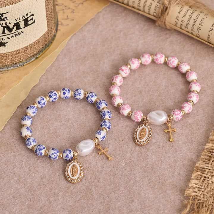 Christianartworkshop Blue/Pink Floral Ceramic Bead Bracelet with Large White Accent Bead: A Reminder of Divine Grace - image 1
