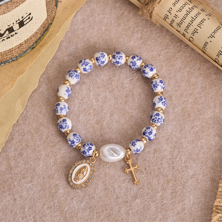 Christianartworkshop Blue/Pink Floral Ceramic Bead Bracelet with Large White Accent Bead: A Reminder of Divine Grace - image 6