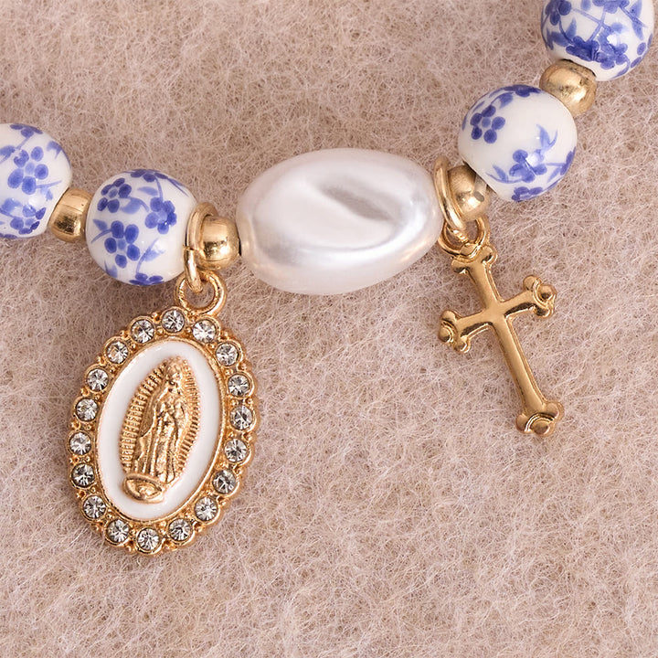 Christianartworkshop Blue/Pink Floral Ceramic Bead Bracelet with Large White Accent Bead: A Reminder of Divine Grace - image 8