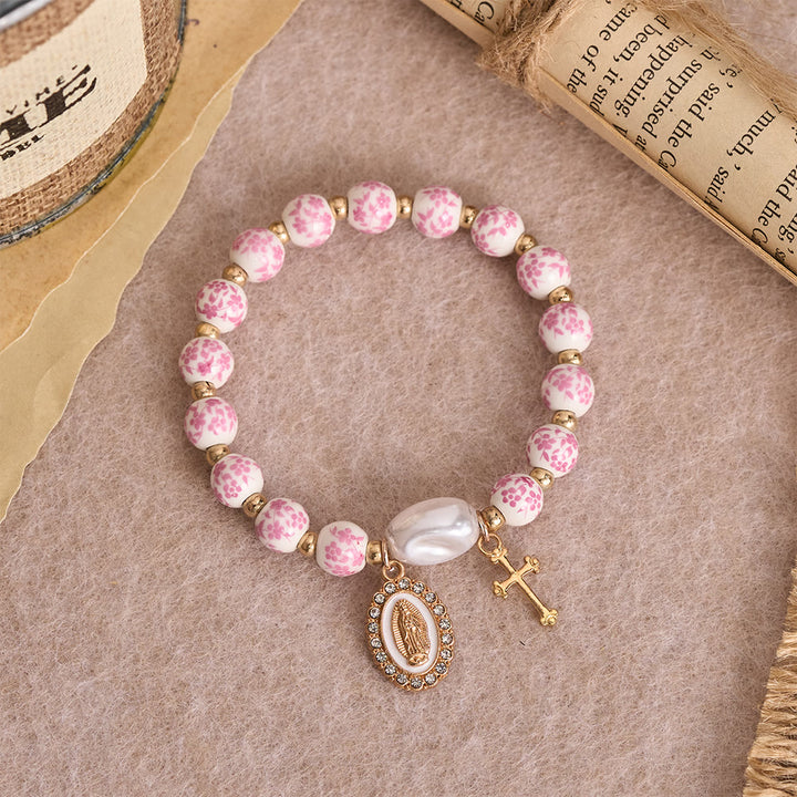 Christianartworkshop Blue/Pink Floral Ceramic Bead Bracelet with Large White Accent Bead: A Reminder of Divine Grace - image 2