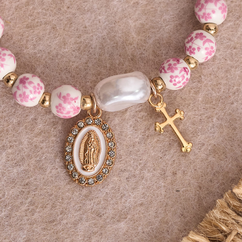 Christianartworkshop Blue/Pink Floral Ceramic Bead Bracelet with Large White Accent Bead: A Reminder of Divine Grace - image 4
