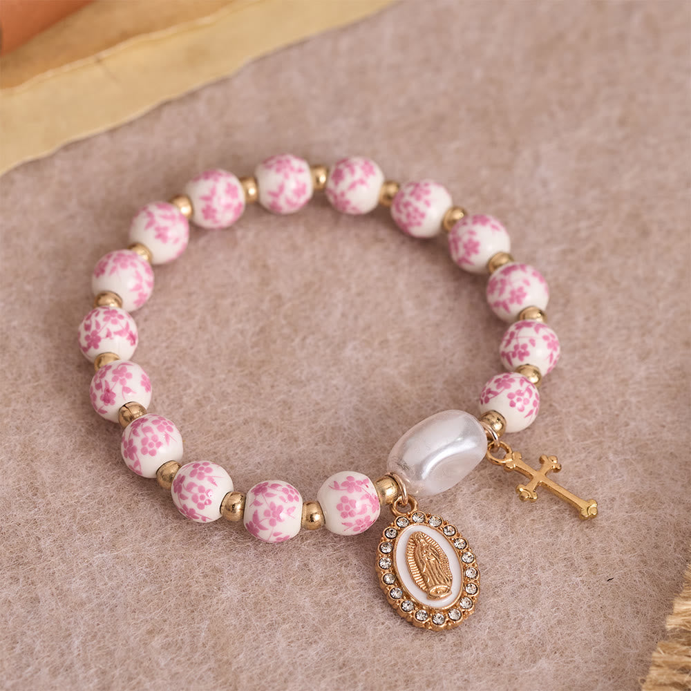 Christianartworkshop Blue/Pink Floral Ceramic Bead Bracelet with Large White Accent Bead: A Reminder of Divine Grace - Blue - image 0