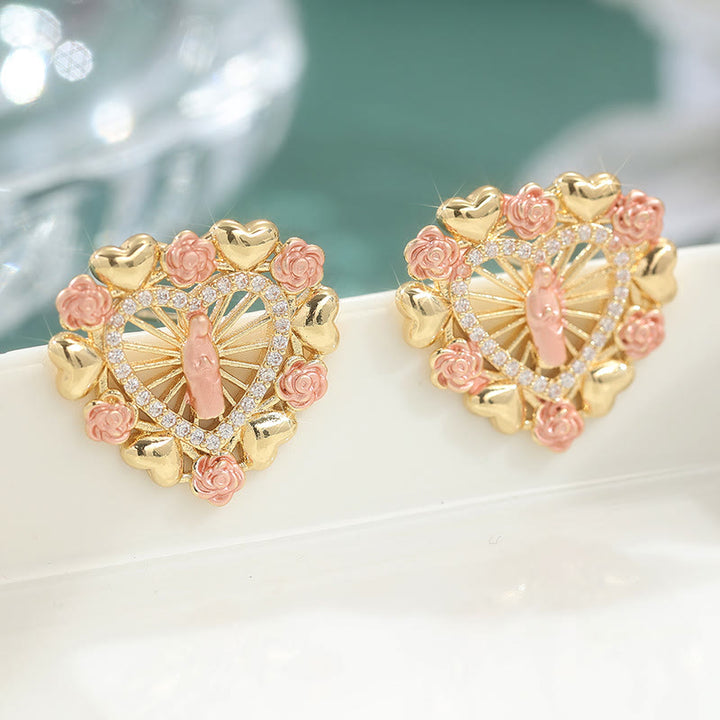 Christianartworkshop Ornate Marian Stud Earrings with Pink Roses & Zirconia Halo: A Symbol of Devotion - image 4