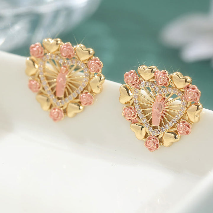 Christianartworkshop Ornate Marian Stud Earrings with Pink Roses & Zirconia Halo: A Symbol of Devotion - image 5