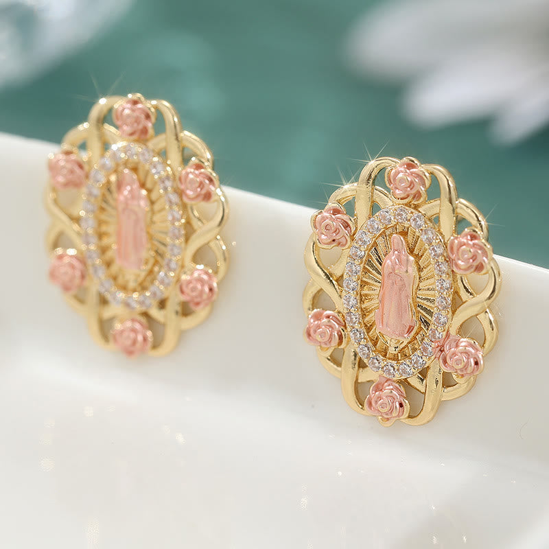 Christianartworkshop Ornate Marian Stud Earrings with Pink Roses & Zirconia Halo: A Symbol of Devotion - image 1