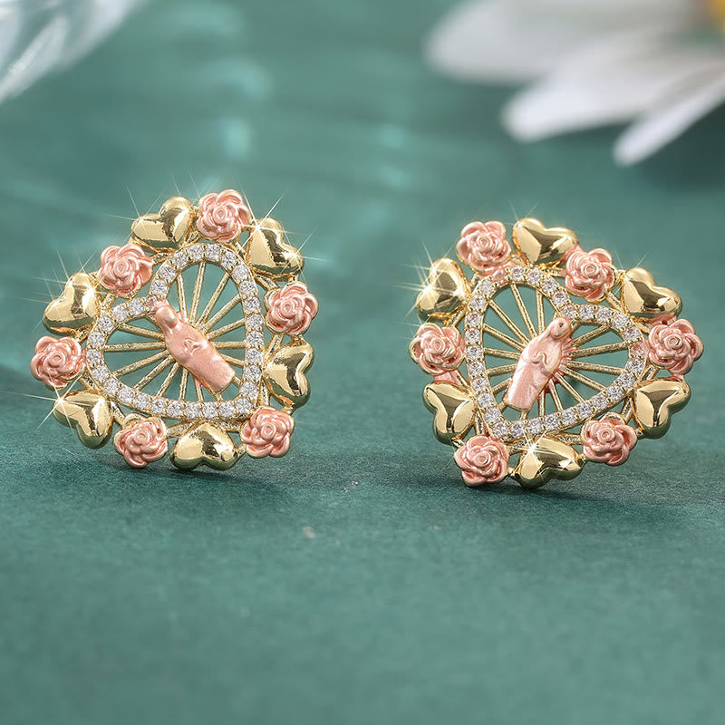 Christianartworkshop Ornate Marian Stud Earrings with Pink Roses & Zirconia Halo: A Symbol of Devotion - Heart - image 3