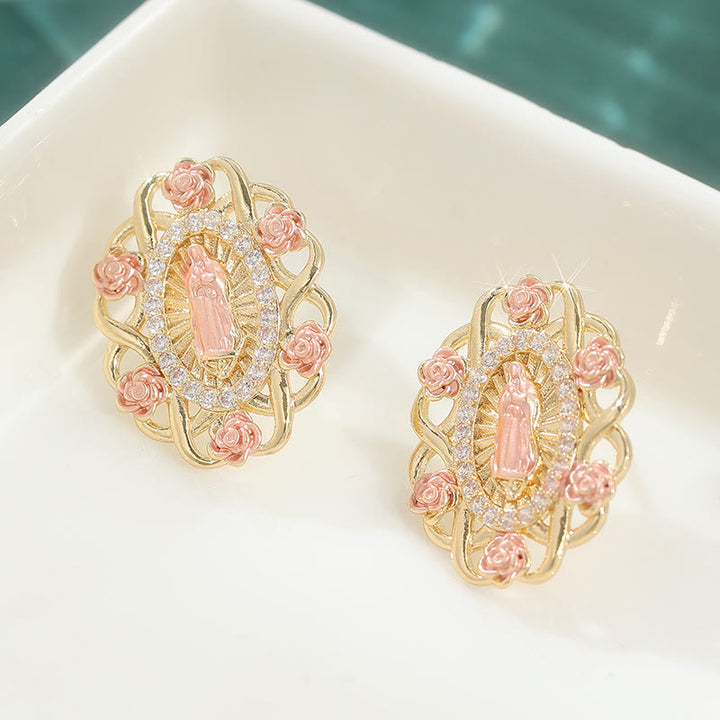 Christianartworkshop Ornate Marian Stud Earrings with Pink Roses & Zirconia Halo: A Symbol of Devotion - image 2