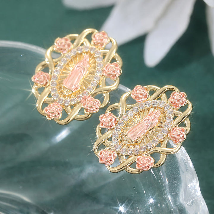 Christianartworkshop Ornate Marian Stud Earrings with Pink Roses & Zirconia Halo: A Symbol of Devotion - Oval - image 0