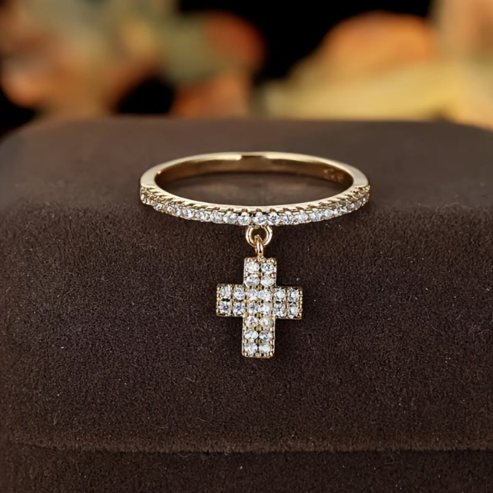 Christianartworkshop Eternity Band Cross Ring with Dangling Zirconia Cross Charm: A Reminder of Divine Light - Golden - US 9 - image 0