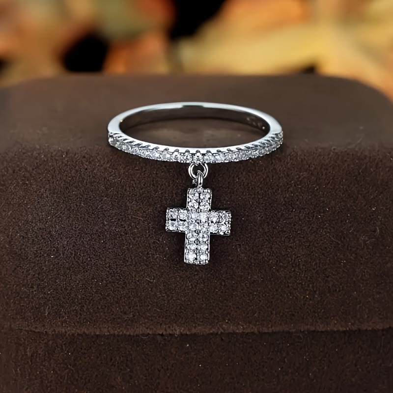Christianartworkshop Eternity Band Cross Ring with Dangling Zirconia Cross Charm: A Reminder of Divine Light - Silver - US 9 - image 2