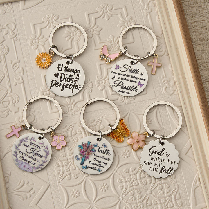 Christianartworkshop Scripture Engraved Keychain with Floral & Cross Charms: A Symbol of Faith and Divine Grace - image 0
