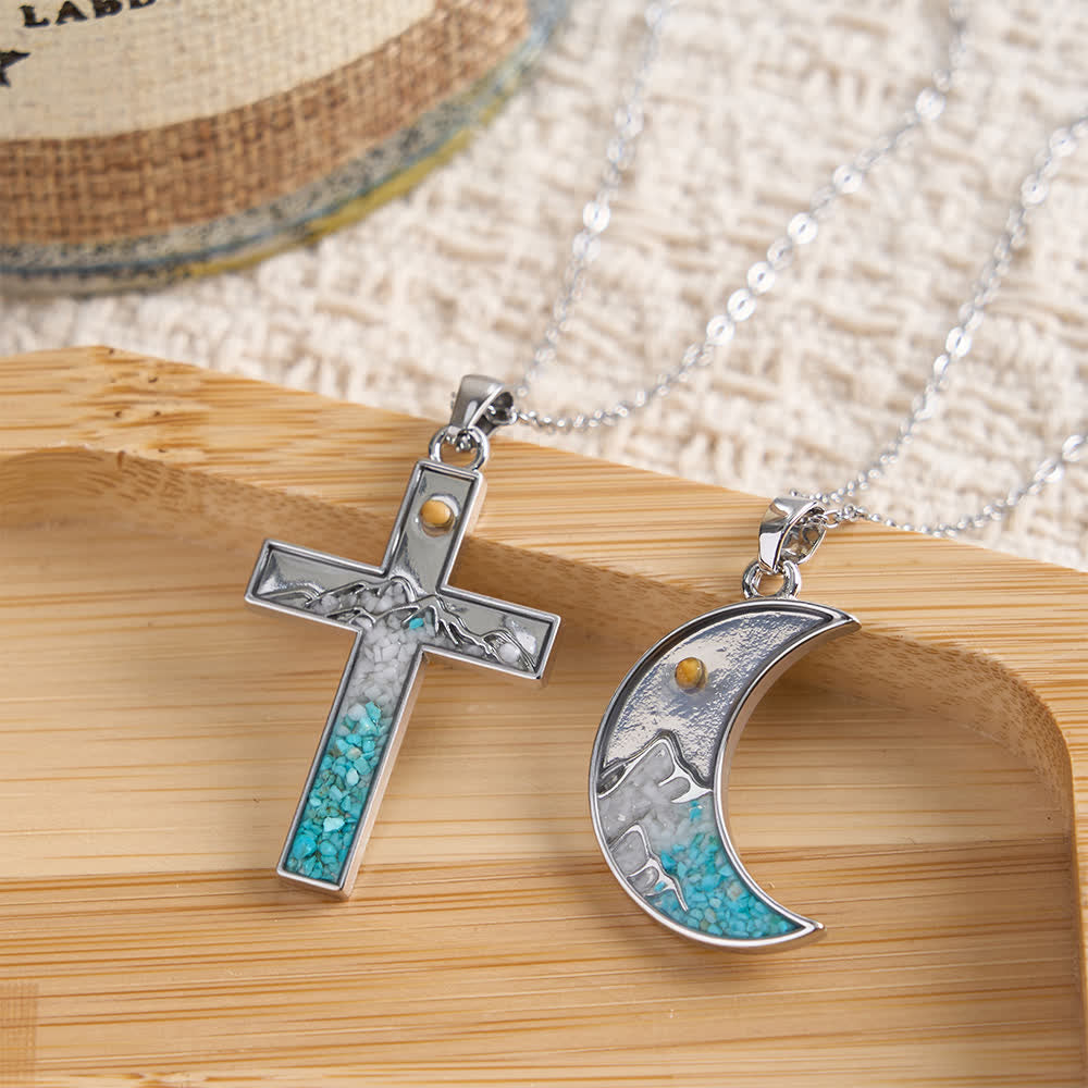 FREE Today: Mustard Seed Crescent Moon & Cross Necklace: Turquoise Inlay & Silver-Tone Design - image 0