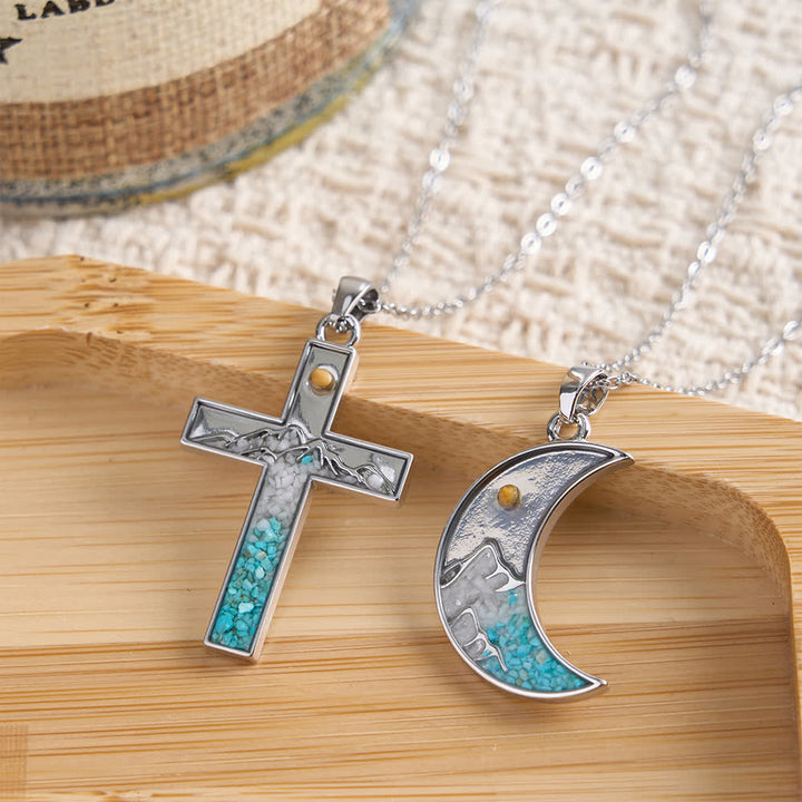 FREE Today: Mustard Seed Crescent Moon & Cross Necklace: Turquoise Inlay & Silver-Tone Design - image 0