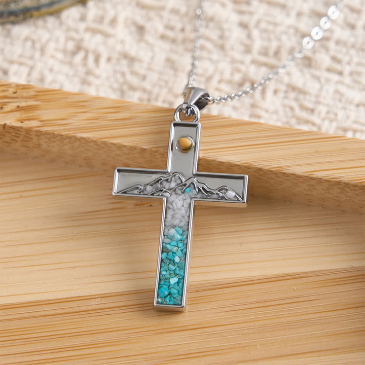 Christianartworkshop Mustard Seed Crescent Moon & Cross Necklace: Turquoise Inlay & Silver-Tone Design - Cross - image 2