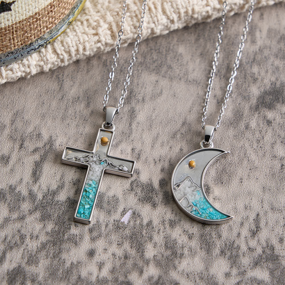 Christianartworkshop Mustard Seed Crescent Moon & Cross Necklace: Turquoise Inlay & Silver-Tone Design - image 1